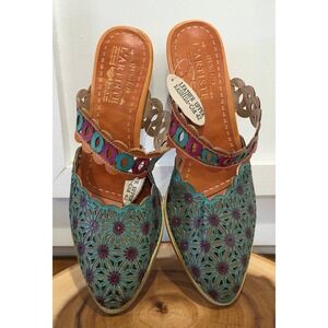 Boho Cottagecore Spring Step L'Artiste Rashida Teal Multi Leather Laser Mules 42
